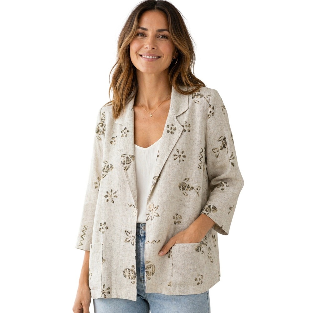 VTG Modern Essentials Linen Blend Fish Print Blazer Beige Tan‎ Medium Resortwear